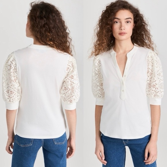 Veronica Beard Coralee Floral Lace Puff Sleeve Split Neck Top Small Off White - Picture 2 of 11